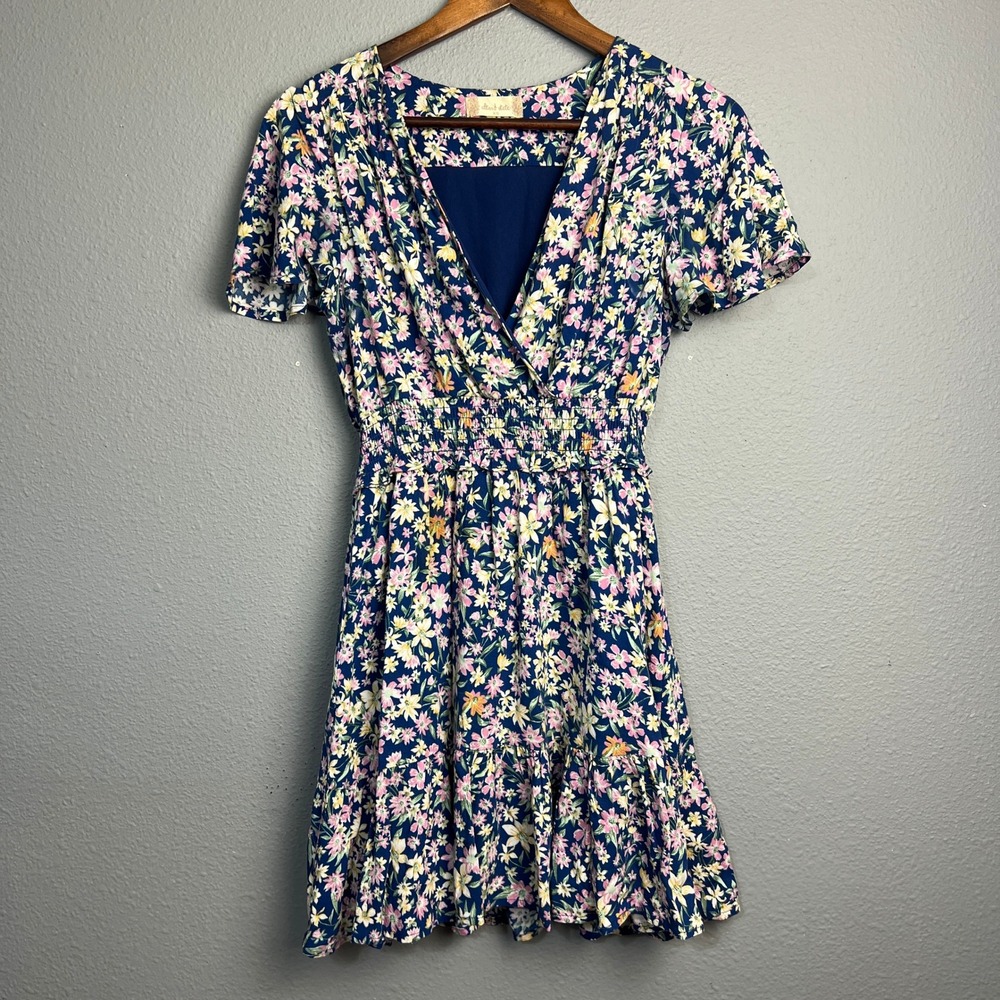 Altar'd State XS Navy Floral Print Short Sleeve Fit & Flare Dress Smocked Waist